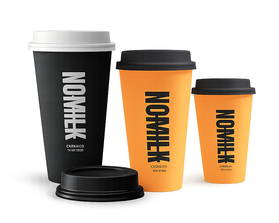 NOMILK cups in three sizes — black and orange